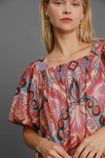 Full Size Abstract Print Smocked Square Neck Puff Sleeve Blouse - Tigbul's Variety Fashion Shop