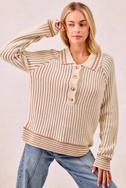 BiBi Half Button Ribbed Two Tone Sweater - Tigbul's Variety Fashion Shop