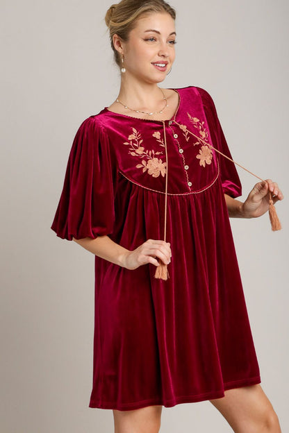 Umgee Embroidered Half Sleeve Velvet Mini Dress with Tassel - Tigbul's Variety Fashion Shop