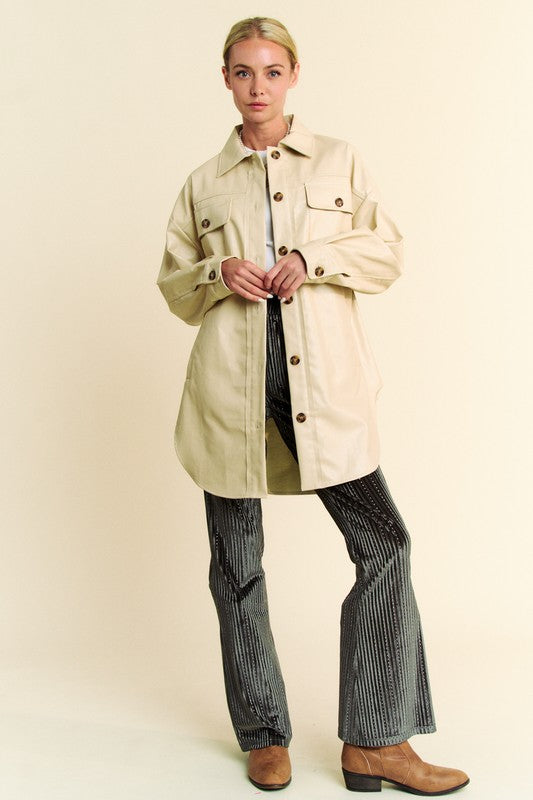 Beige Faux Leather Button Up Jacket with Chest Pockets - Tigbul's Variety Fashion Shop