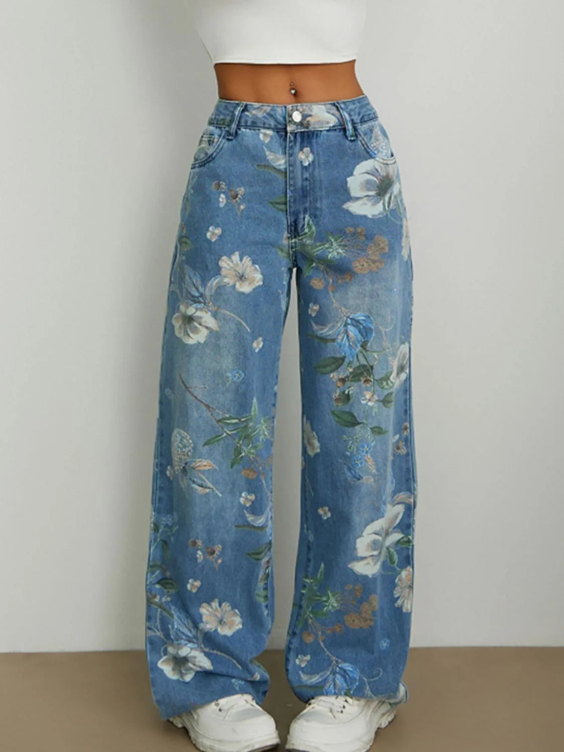 Light Blue Printed Wide Leg Jeans - Tigbul's Variety Fashion Shop