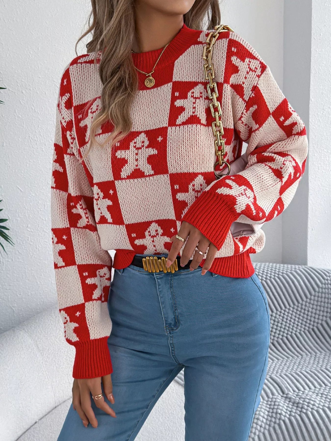 Christmas Checkerboard Gingerbread Round Neck Sweater - Tigbul's Variety Fashion Shop