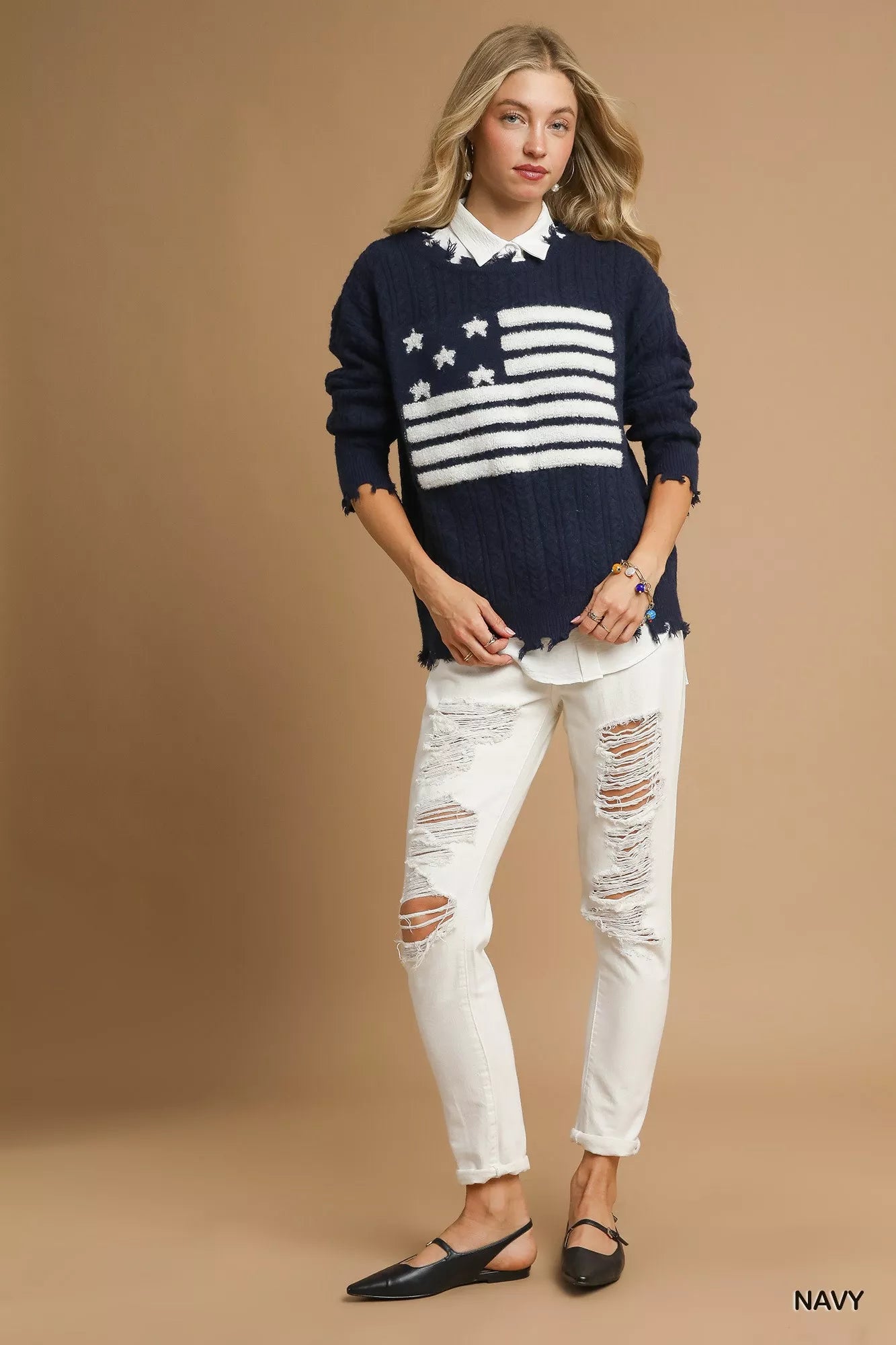 Umgee Distressed American Flag Sweater - Tigbul's Variety Fashion Shop