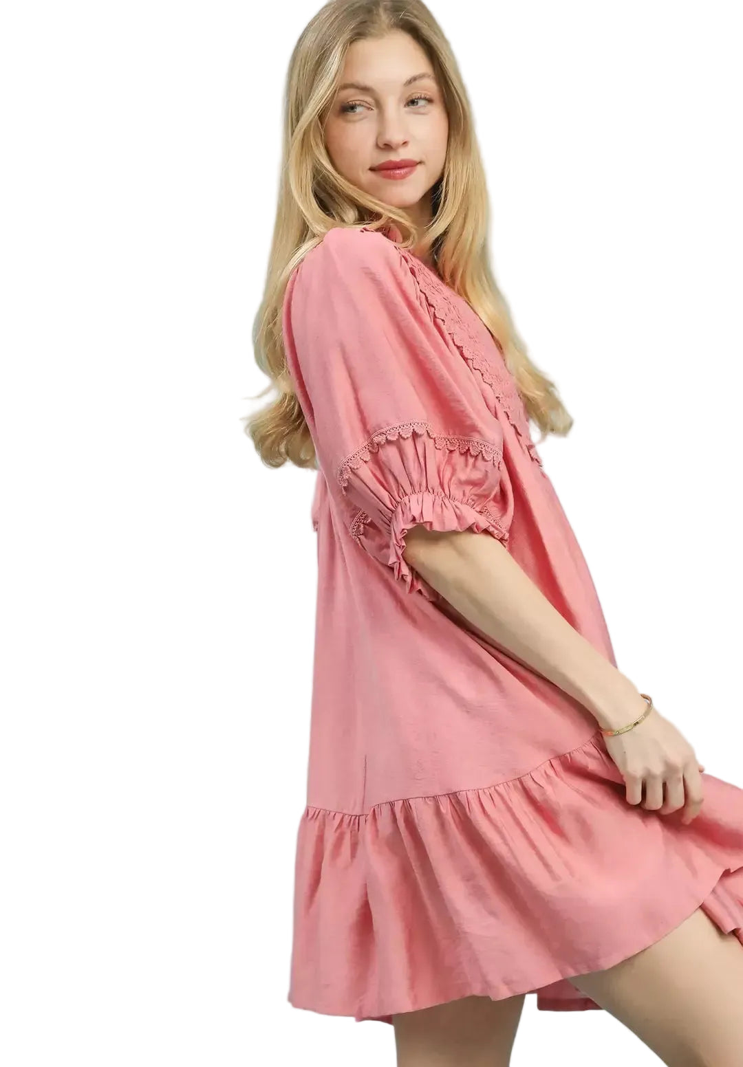 BLUSH smocked bib babydoll dress with puff sleeves and tiered ruffle hem