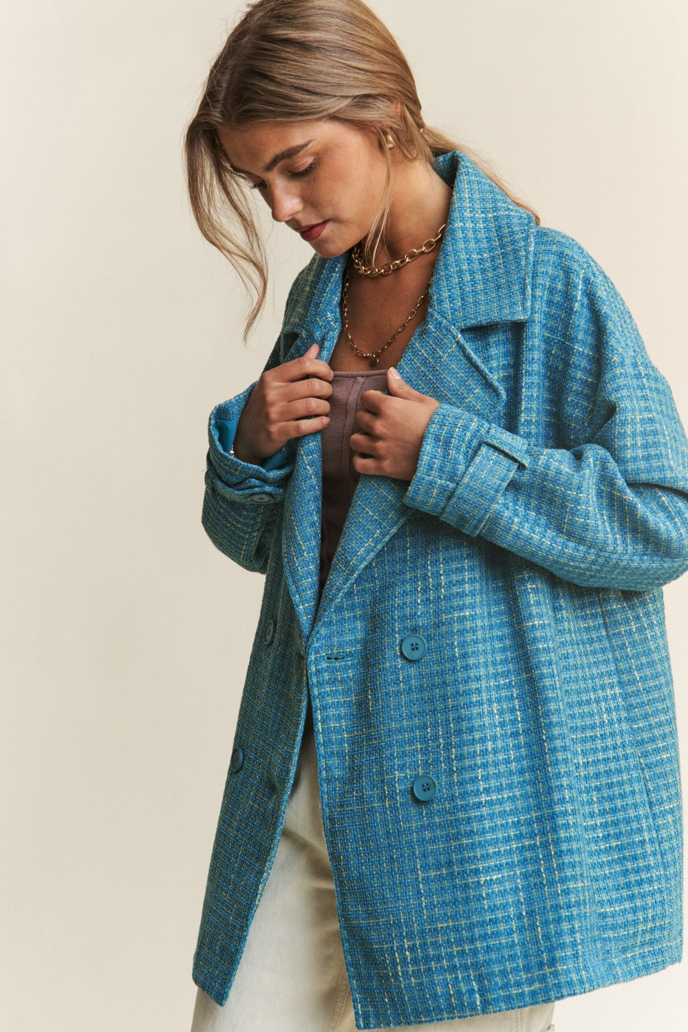 Tweed Double-Breasted Long Sleeve Coat - Tigbul's Variety Fashion Shop