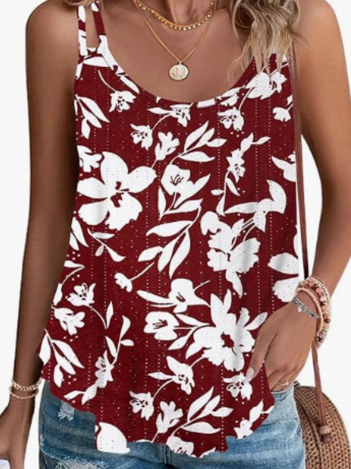 Eyelet double-strap cami in burgundy with white floral print