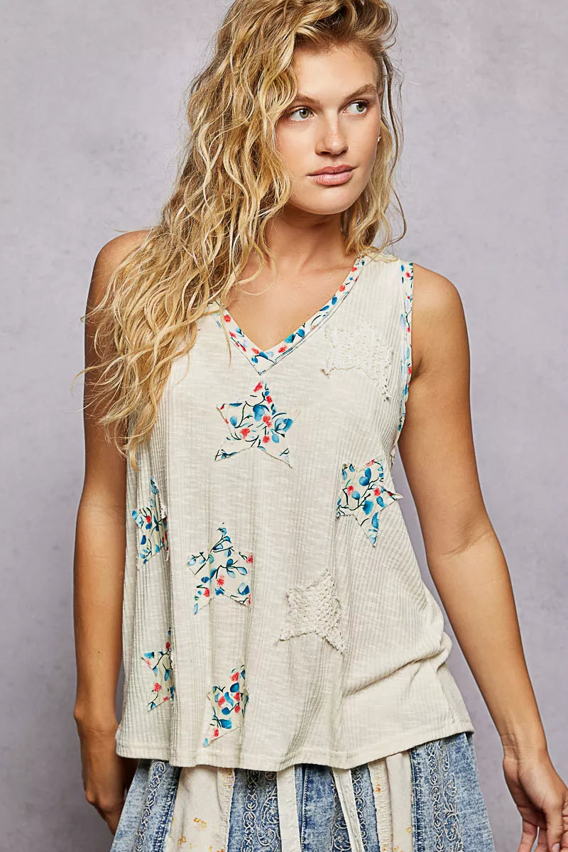POL Floral Print Star Patch V-Neck Ribbed Tank | Tigbuls Variety