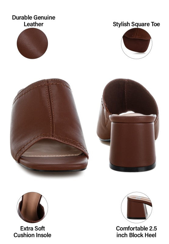 Brown genuine leather slide heels with square toe and cushioned insole detail