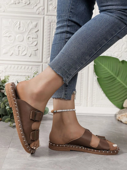 Double Buckle Strap Flat Sandals - Tigbul's Variety Fashion Shop