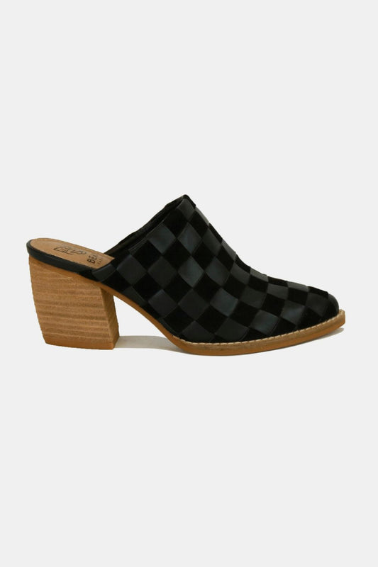 Black Woven Checkerboard Block Heel Mule Shoes - Tigbul's Variety Fashion Shop