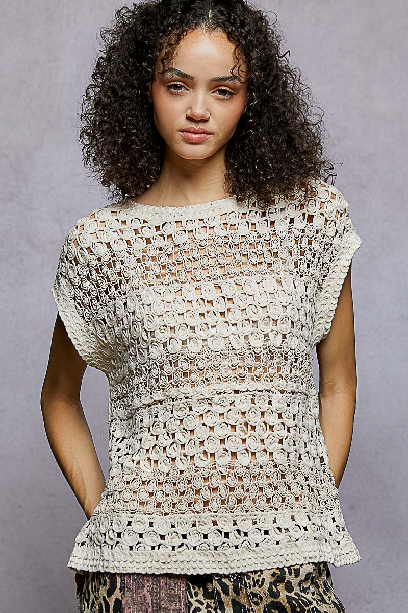 Natural openwork round-neck crochet top with textured scalloped hem