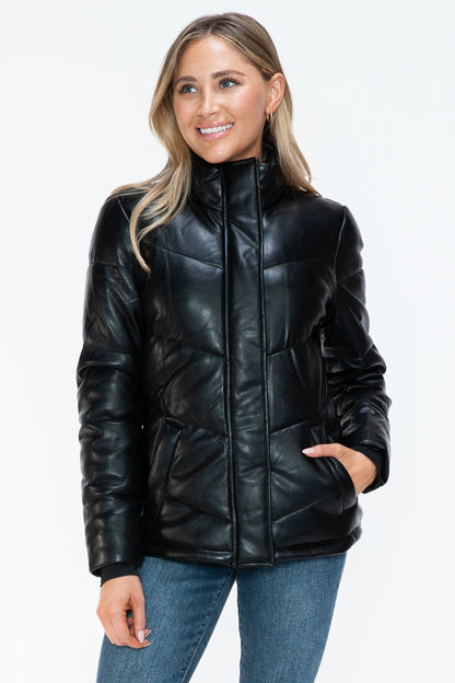 Black Pocketed Zip Up Turtleneck Puffer Jacket