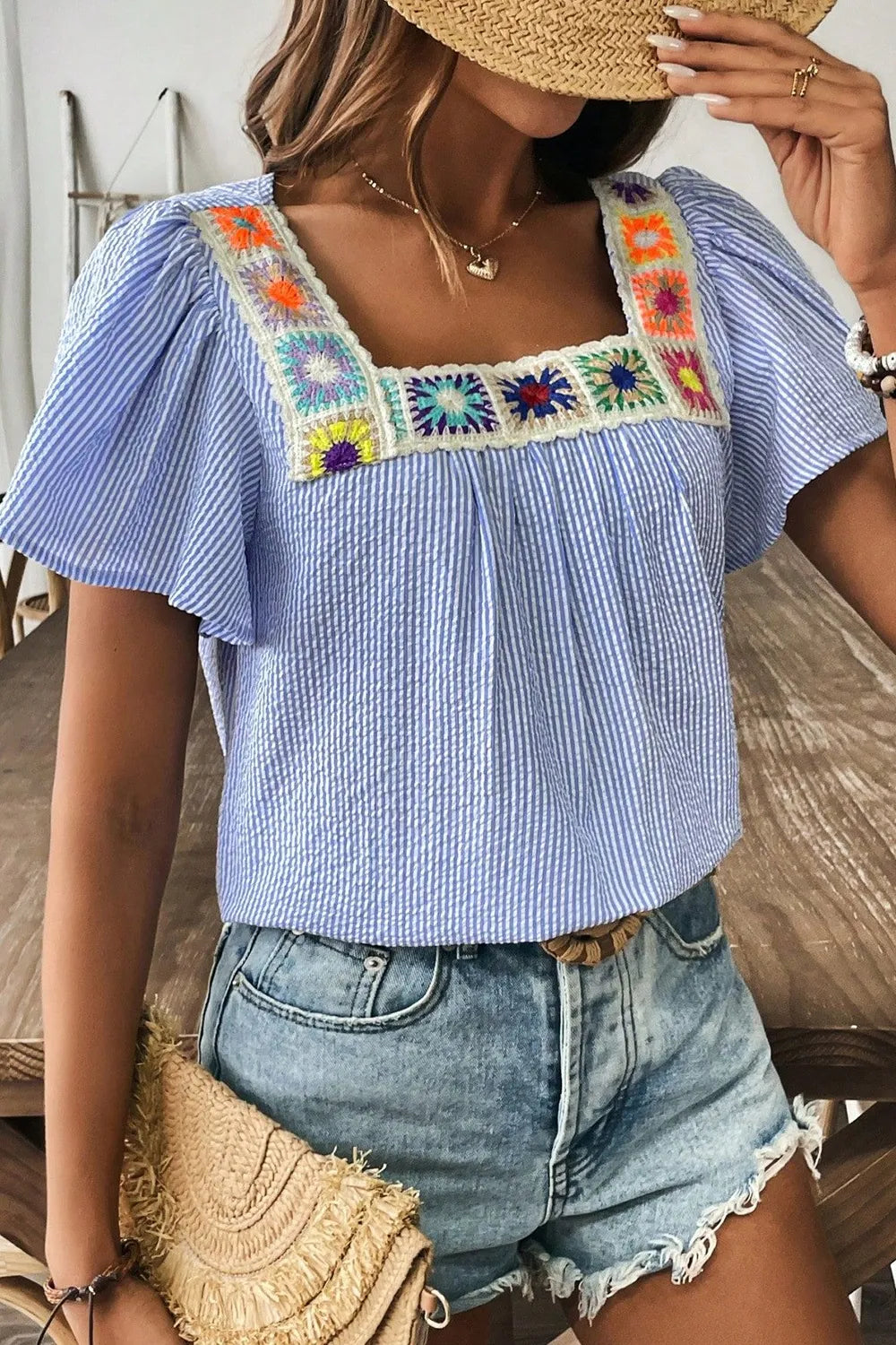 Stripe Textured Ruffle Short Sleeve Boho Detail Square Neck Blouse - Tigbul's Variety Fashion Shop