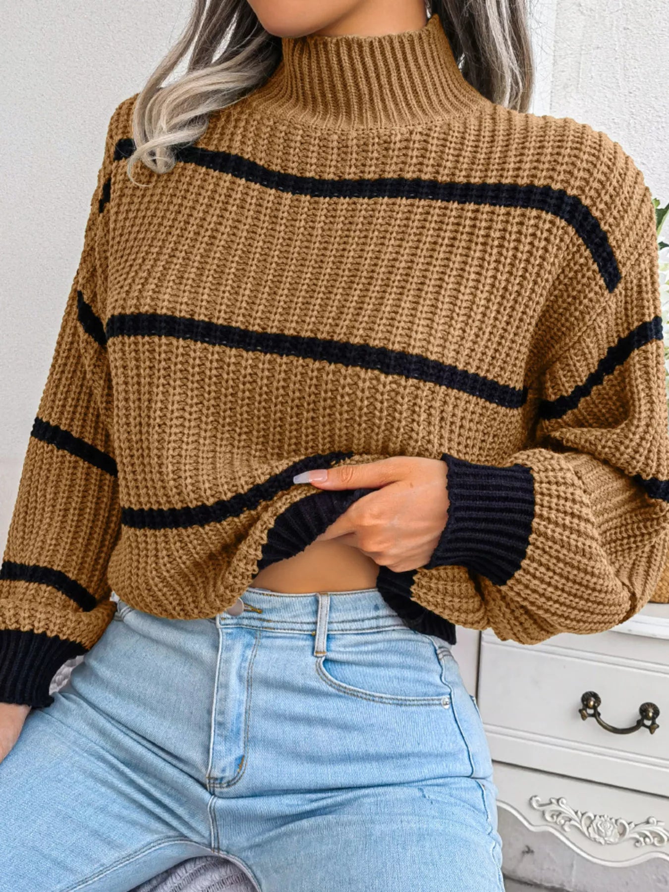 Full Size Striped Mock Neck Knit Sweater Plus Size - Tigbul's Variety Fashion Shop
