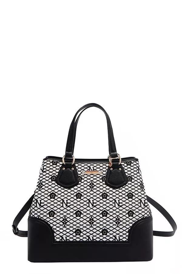 Nicole Lee USA Monogram Pattern Handbag with Rhinestones Decor - Tigbul's Variety Fashion Shop