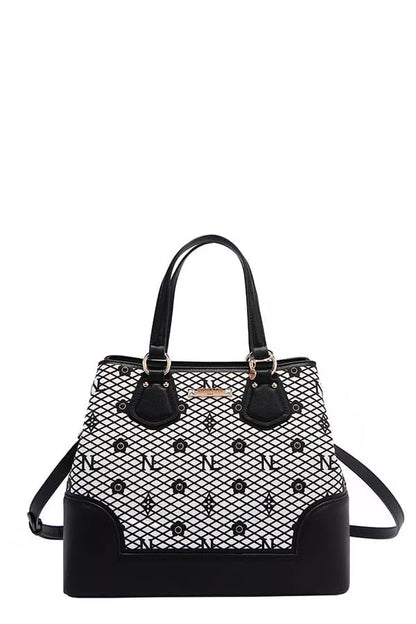 Nicole Lee USA Monogram Pattern Handbag with Rhinestones Decor - Tigbul's Variety Fashion Shop