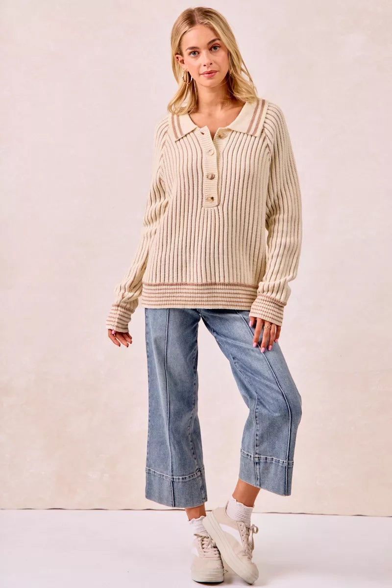 BiBi Half Button Ribbed Two Tone Sweater - Tigbul's Variety Fashion Shop