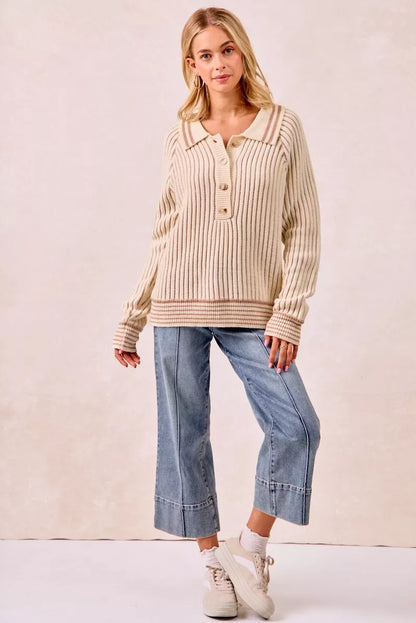 BiBi Half Button Ribbed Two Tone Sweater - Tigbul's Variety Fashion Shop