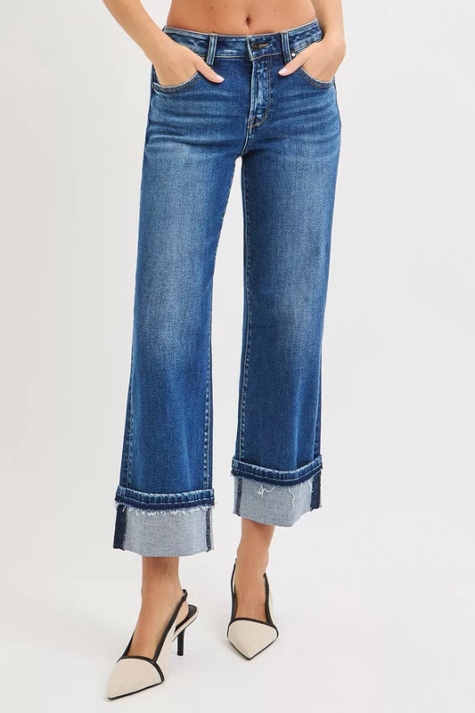RISEN Mid Rise Ankle Straight Jeans with Cuffed Hem - Tigbul's Variety Fashion Shop