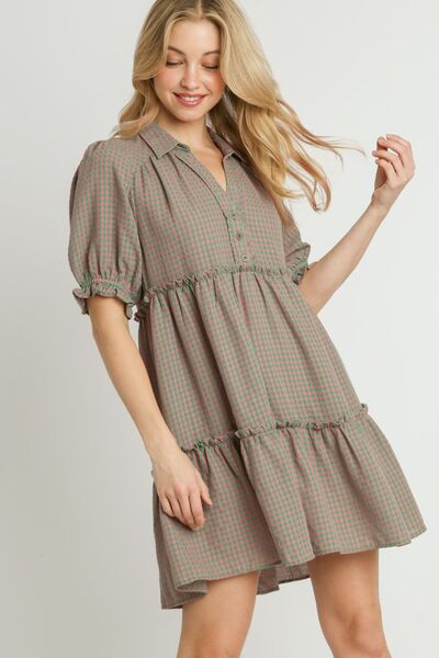 Green/Pink Plaid Frill Button Detail Ruffled Short Sleeve Dress - Tigbul's Variety Fashion Shop