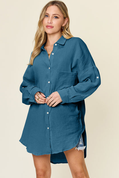 Double Take Full Size Pocketed Texture Button Up Shirt - Tigbul's Variety Fashion Shop