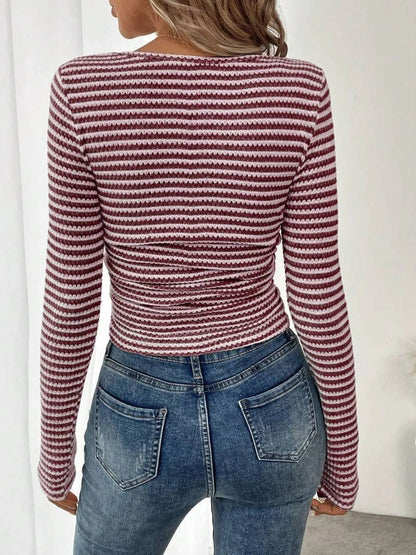 Striped Square Neck Long Sleeve T-Shirt - Tigbul's Variety Fashion Shop