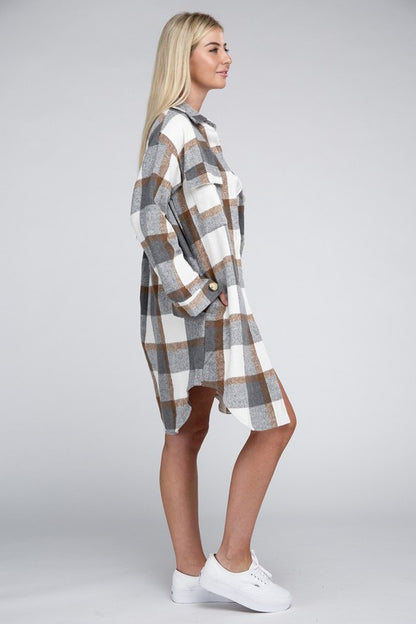 Plaid Flap Pocket Drop Shoulder Shirt - Tigbul's Variety Fashion Shop