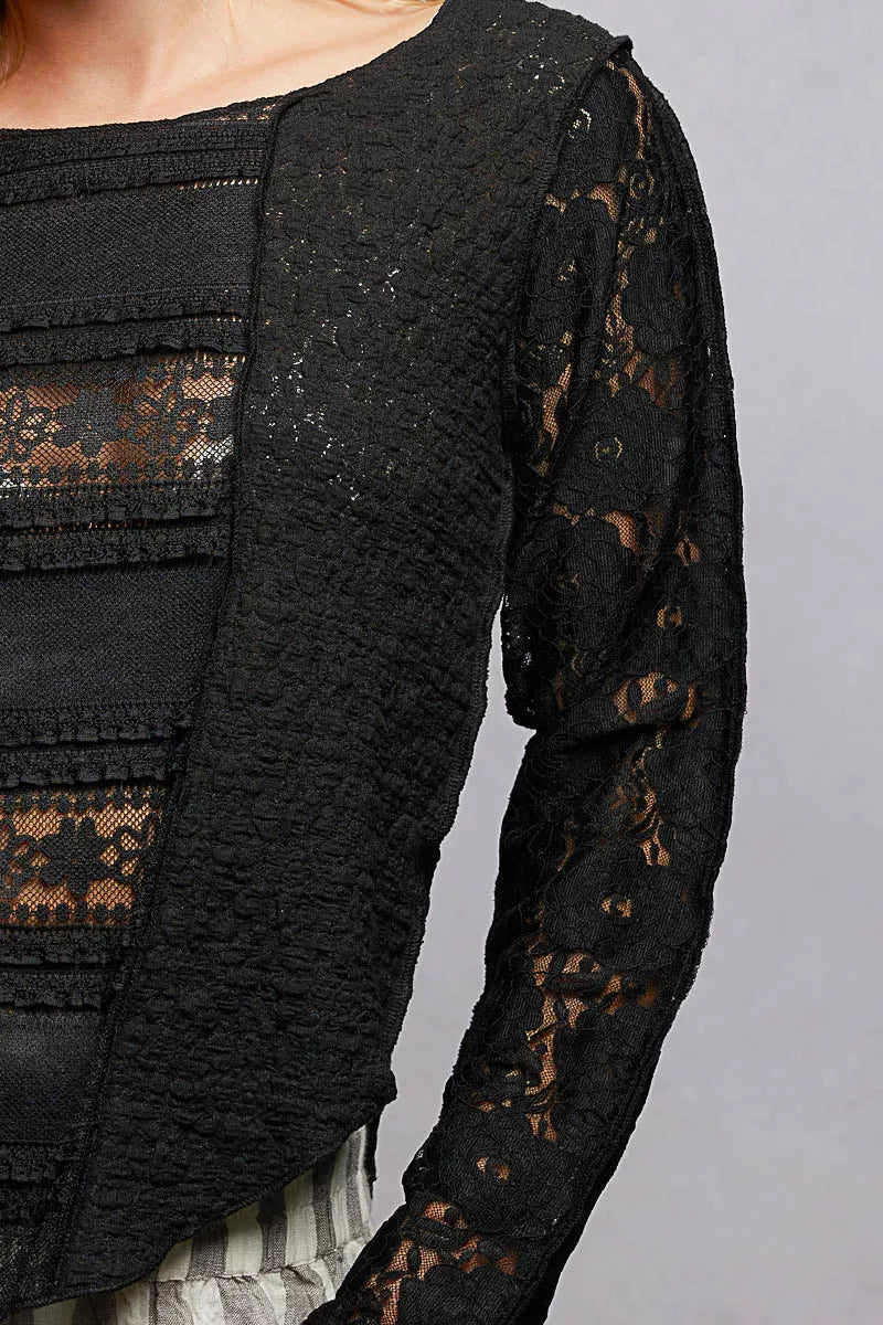 Close-up of black lace sleeve and exposed-seam detail on long-sleeve top