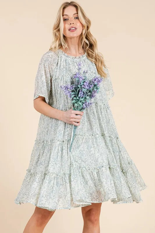 Lime 'N' Chili Ditsy Floral Print Sheer Ruffle Detail Mini Dress - Tigbul's Variety Fashion Shop