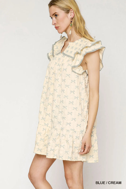Umgee Bow Print Ruffled Cap Sleeve Mini Dress - Tigbul's Variety Fashion Shop