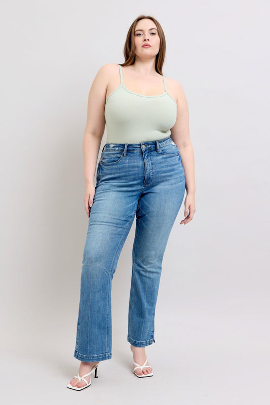 Judy Blue HW Tummy Control Vintage Wash Side Slit Slim Boot Jeans - Tigbul's Variety Fashion Shop