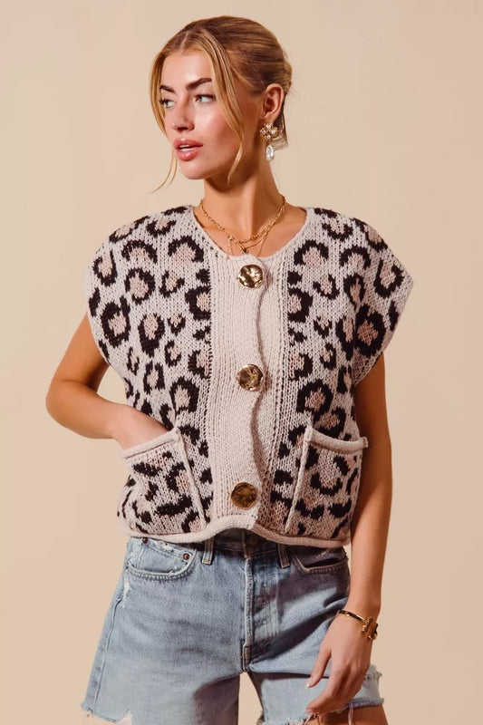 SO ME Big Metal Button Front Leopard Sweater Vest Top - Tigbul's Variety Fashion Shop