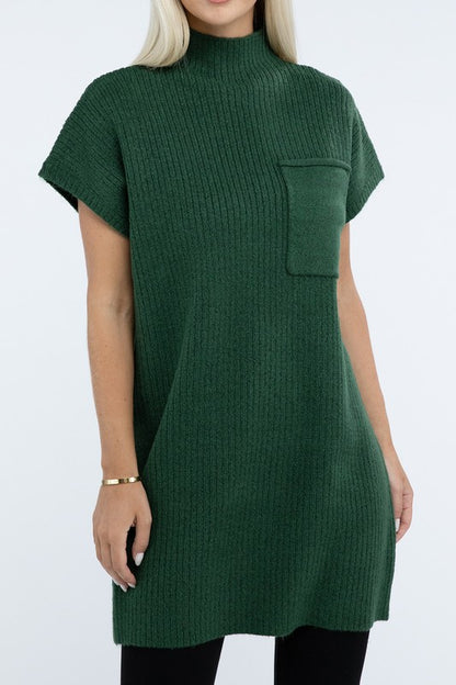 Mock Neck Short Sleeve Sweater Dress with Pocket - Tigbul's Variety Fashion Shop