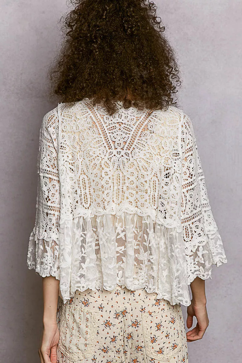 POL Floral Lace Short Sleeve Crochet Cardigan with Tassel Tie - Tigbul's Variety Fashion Shop