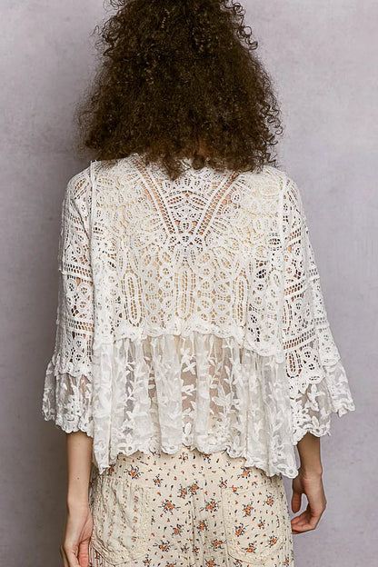 POL Floral Lace Short Sleeve Crochet Cardigan with Tassel Tie - Tigbul's Variety Fashion Shop