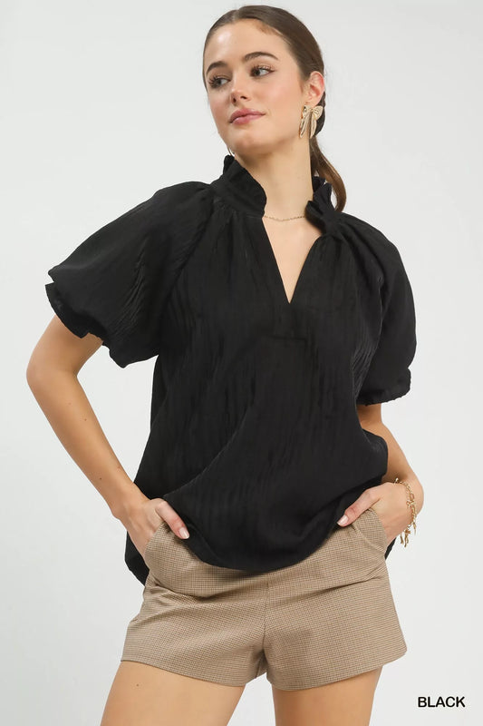 Umgee Textured Puff Sleeve Split Neck Top - Tigbul's Variety Fashion Shop