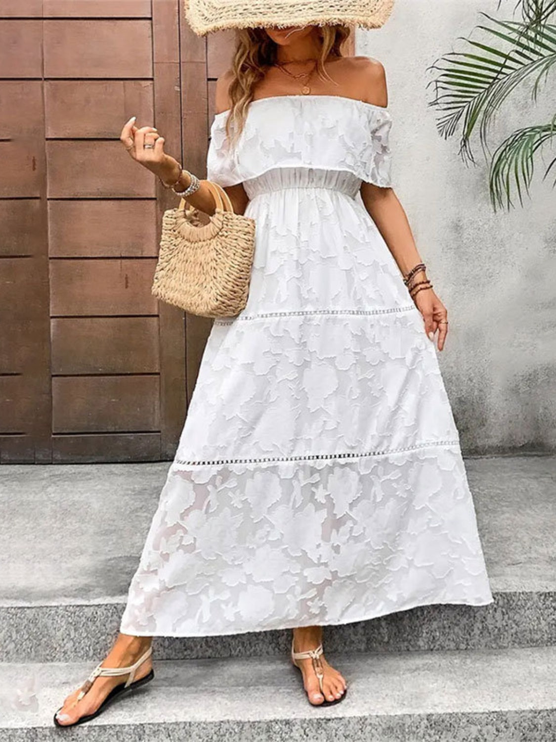 Off-Shoulder Short Sleeve Maxi Dress - Tigbul's Variety Fashion Shop