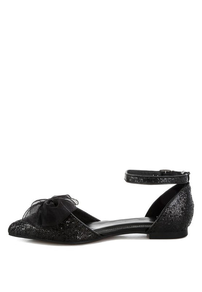Clarice Sheer Bow Detail Glitter Flat Sandals - Tigbul's Variety Fashion Shop