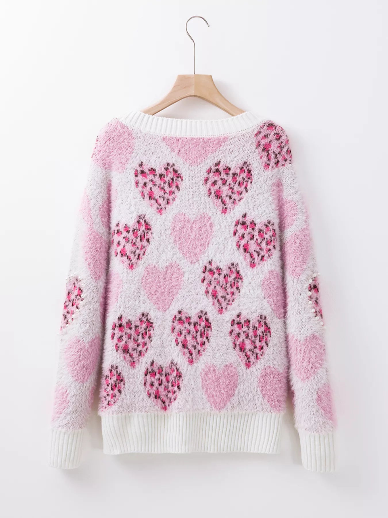 Heart Leopard Pearled Ribbed Trim Fuzzy Sweater - Tigbul's Variety Fashion Shop