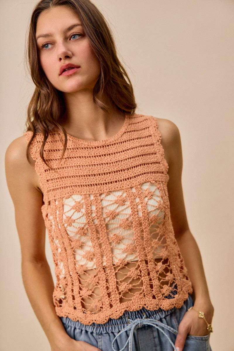 Peach Color Crochet Knit Lace Sweater Tank Top - Tigbul's Variety Fashion Shop