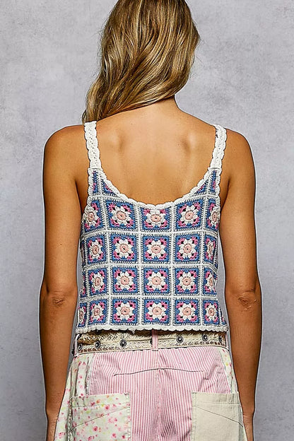 POL Scalloped Edge Cropped Crochet Cami with Granny Square Pattern - Tigbul's Variety Fashion Shop