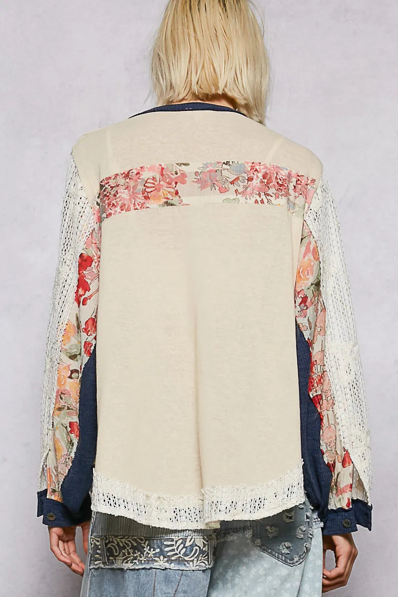 POL Button Detail Floral Patchwork Crochet Sleeve Blouse - Tigbul's Variety Fashion Shop