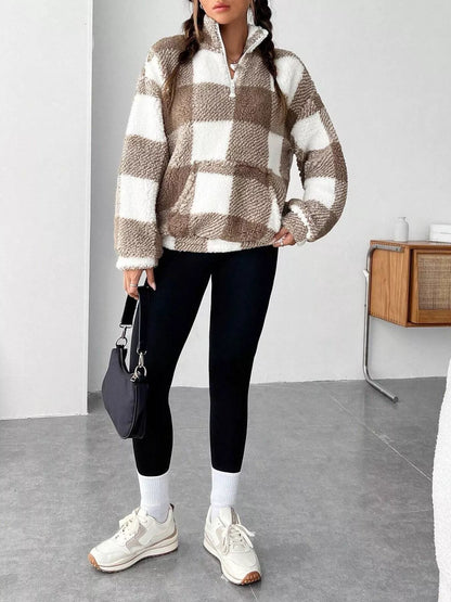 Full Size Plaid Sherpa Long Sleeve Sweatshirt Plus Size - Tigbul's Variety Fashion Shop