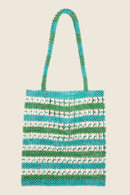 Turquoise Contrast Wooden Beaded Tote Bag - Tigbul's Variety Fashion Shop