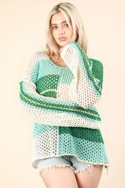 Green Color Block Oversized Summer Knit Cover Up - Tigbul's Variety Fashion Shop