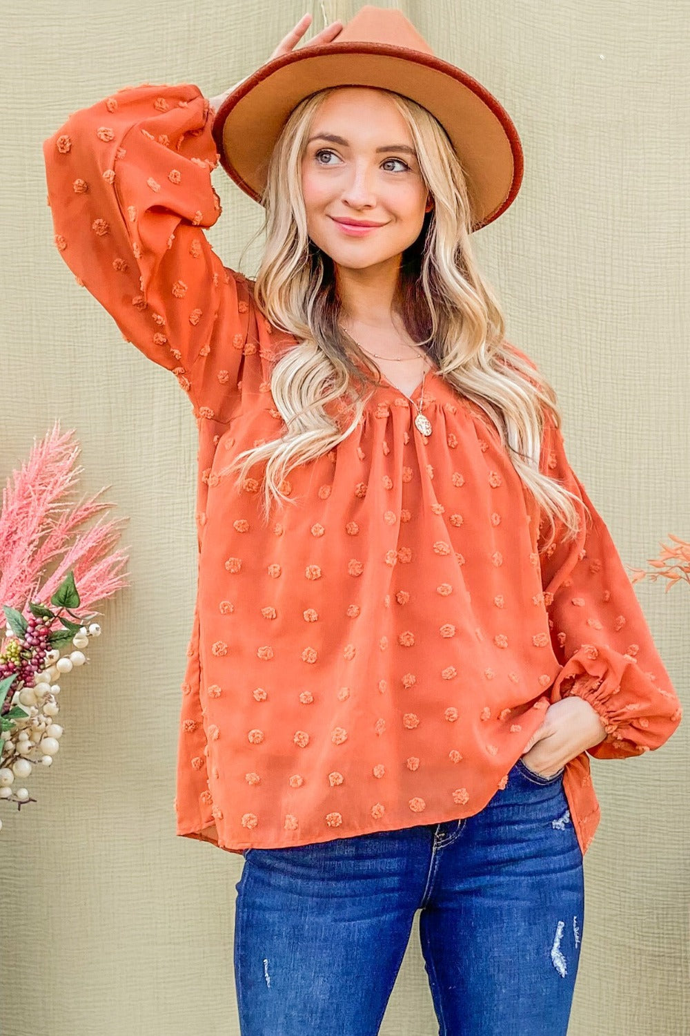 And The Why Swiss Dot V Neck Balloon Sleeve Woven Blouse - Tigbul's Variety Fashion Shop