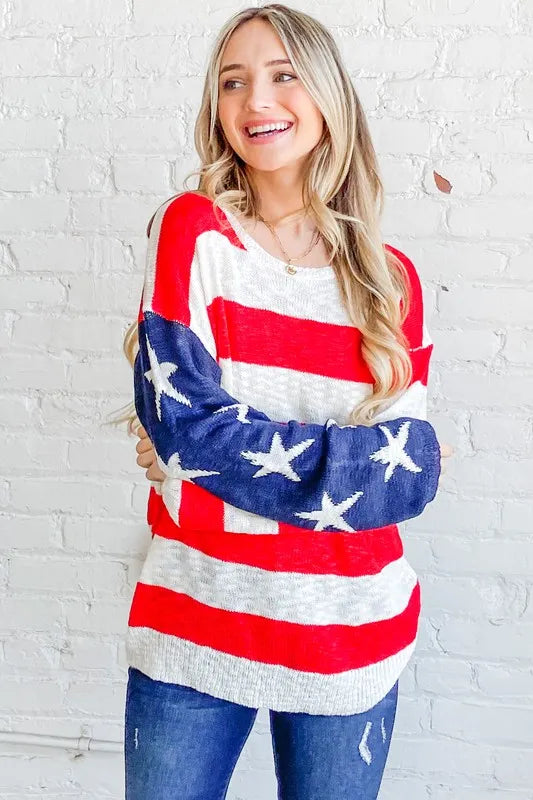 Red/Navy American Flag Long Sleeve Sweater - Tigbul's Variety Fashion Shop