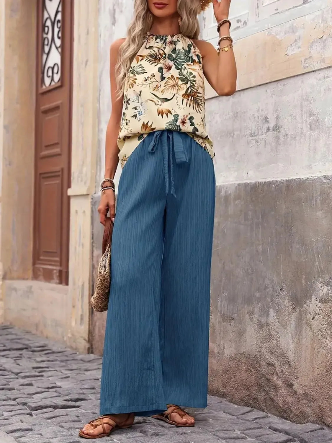 Printed Tank Top and Wide Leg Pants Set - Tigbul's Variety Fashion Shop