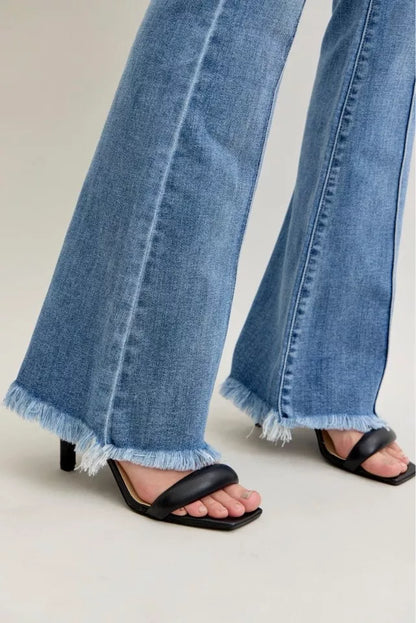 Judy Blue High Waist Flare Fray Hem Jeans with Front Pintuck Detail - Tigbul's Variety Fashion Shop