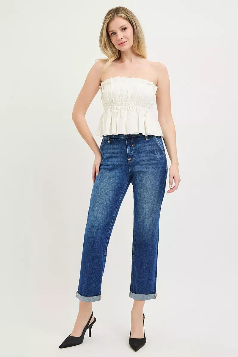 Dark-wash slouchy cropped boyfriend jeans with cuffed hem, full view